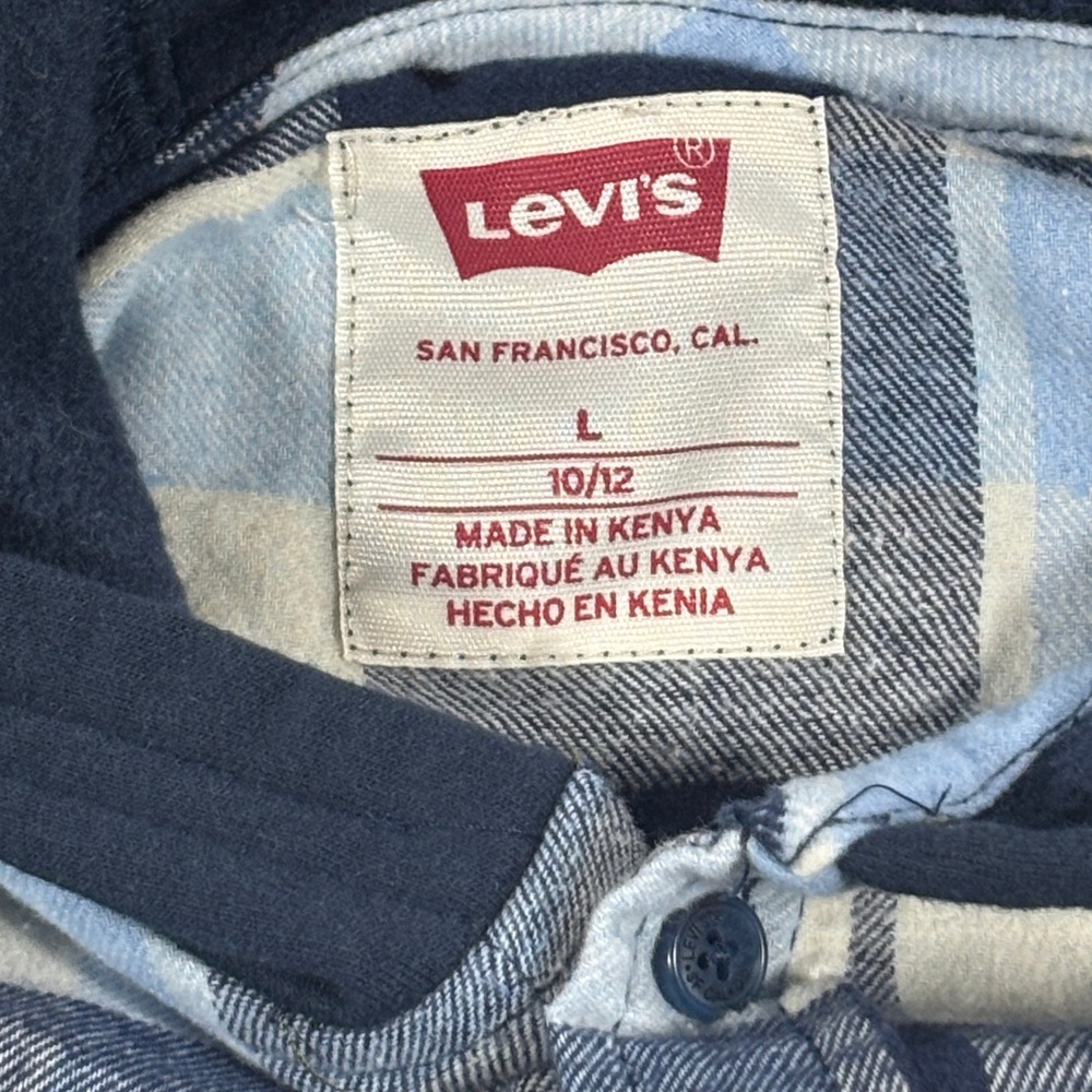 Levi's Hooded Flannel Shirt Kids Size L 10/12 Blue Plaid Long Sleeve Button Up - Picture 6 of 7